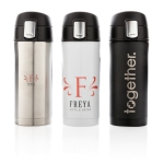 Bouteille en inox recyclé avec fermeture sécurisée 300ml Eco Roiboos couleur blanc vue avec plusieurs logo