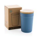 Mug en plastique recyclé avec couvercle en bambou 300ml EcoBrew couleur bleu vue avec boîte