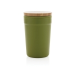 Mug en plastique recyclé avec couvercle en bambou 300ml EcoBrew couleur vert foncé deuxième vue