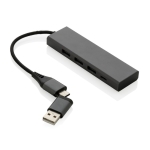 Hubs USB en plastique recyclé avec 4 ports : 3 USB et 1 de type C couleur gris foncé