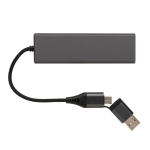 Hubs USB en plastique recyclé avec 4 ports : 3 USB et 1 de type C couleur gris foncé troisième vue