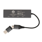 Hubs USB en plastique recyclé avec 4 ports : 3 USB et 1 de type C couleur gris foncé quatrième vue