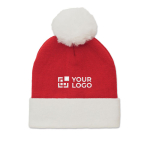 Bonnet de Noël tricoté en polyester PET avec manchette et pompon couleur rouge vue avec zone d'impression