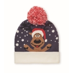 Bonnet de Noël tricoté en acrylique élastique, revers et pompon couleur bleu