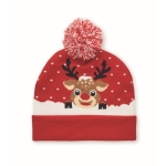 Bonnet de Noël tricoté en acrylique élastique, revers et pompon couleur rouge