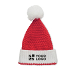 Bonnet de Noël en acrylique souple et élastique avec revers et pompon couleur rouge vue avec zone d'impression