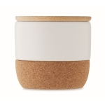 Bougie en cire végétale au lin avec couvercle en bambou et base liège couleur blanc troisième vue