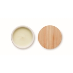 Bougie en cire végétale au lin avec couvercle en bambou et base liège couleur blanc quatrième vue
