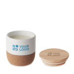 Bougie en cire végétale au lin avec couvercle en bambou et base liège couleur blanc vue avec zone d'impression