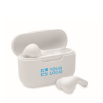 Ecouteurs sans fil avec microphone et batterie d´une autonomie de 3h couleur blanc vue avec zone d'impression