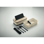 Lunch box en PP recyclé, 2 niveaux + séparateur + couverts 2 x 400 ml couleur beige