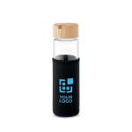 Bouteille en verre antifuite avec bouchon porte-smartphone 600ml couleur noir vue avec zone d'impression