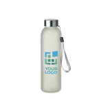 Bouteille en verre floquée du logo avec sangle de transport 500ml couleur blanc transparent vue avec zone d'impression