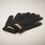 Gants tactiles en polyester RPET avec étiquette logo en liège couleur noir troisième vue photographique