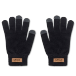 Gants tactiles en polyester RPET avec étiquette logo en liège couleur noir vue avec zone d'impression
