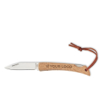 Couteau pliant en acier inoxydable avec manche en liège et ficelle couleur beige vue avec zone d'impression