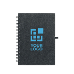 Carnet avec couverture en feutre et porte-stylo A5 avec pages lignées couleur gris foncé vue avec zone d'impression