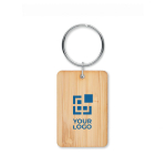 Porte-clés promotionnel pas cher en bambou de forme rectangulaire couleur bois vue avec zone d'impression