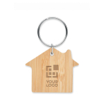 Porte-clés personnalisépas cher en bambou en forme de maison couleur bois vue avec zone d'impression