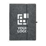 Porte-documents en feutre RPET avec bloc-notes et porte-stylo A4 couleur gris foncé vue avec zone d'impression