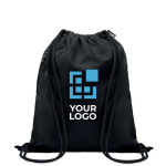 Sac à dos en polyester RPET avec cordon épais et poche zippée couleur noir vue avec zone d'impression
