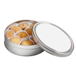 Boîte ronde avec couvercle personnalisable remplie de 40 biscuits couleur argenté deuxième vue