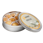 Boîte ronde avec couvercle personnalisable remplie de 40 biscuits couleur argenté