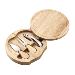 Set de découpe de fromage avec planche en bois dans coffret circulaire couleur marron troisième vue