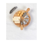 Set de découpe de fromage avec planche en bois dans coffret circulaire première vue