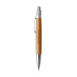 Stylos promotionnels en bambou avec détails métalliques, Encre bleue avec zone d'impression