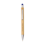 Stylo en bambou et métal avec embout tactile et encre bleue couleur bleu avec zone d'impression