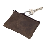 Porte-monnaie zippé en cuir recyclé avec boucle porte-clés couleur marron deuxième vue