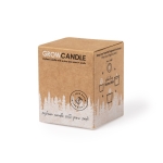 Bougie promotionnelle éco en verre avec parfum de pin et graines couleur kaki vue avec boîte