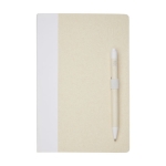 Set carnet et stylo en carton recyclé A5 pages lignées couleur blanc deuxième vue frontale