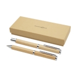 Parure stylo et roller en bambou avec détails cuivrés à encre noire couleur naturel