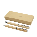 Parure stylo et roller en bambou avec détails cuivrés à encre noire avec zone d'impression