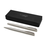 Parure stylo bille et roller en acier inoxydable recyclé à encre noire couleur argenté