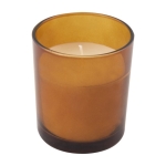 Bougie en paraffine et cire végétale dans un verre teinté couleur orange première vue