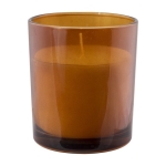 Bougie en paraffine et cire végétale dans un verre teinté couleur orange troisième vue