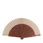 Éventail fabriqué en bois naturel foncé et tissu couleur naturel avec zone d'impression