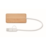Hub USB en bambou avec 3 ports et câble d'une longueur de 20 cm couleur bois troisième vue