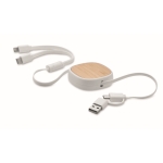 Câble de charge multi-USB rétractable de 90 cm avec détail en bambou couleur blanc