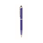 Stylo bille à rotation en aluminium recyclé avec stylet et mine bleue couleur bleu vue avec zone d'impression