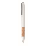 Stylo à bouton poussoir en aluminium avec détail en liège à mine bleue couleur blanc