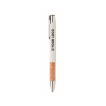 Stylo à bouton poussoir en aluminium avec détail en liège à mine bleue couleur blanc vue avec zone d'impression