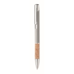 Stylo à bouton poussoir en aluminium avec détail en liège à mine bleue couleur argenté mat