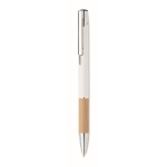 Stylo à bouton poussoir en aluminium avec détail en bambou, mine bleue couleur blanc
