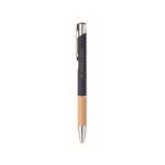Stylo à bouton poussoir en aluminium avec détail en bambou, mine bleue vue avec zone d'impression