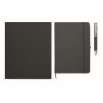 Carnet en cuir recyclé à couverture rigide avec stylo à encre bleue couleur noir troisième vue