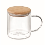 Mug en verre double paroi à anse colorée et couvercle en bambou 300 ml couleur transparent